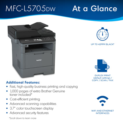 MFCL5705DW - Business Monochrome Laser All-in-One Printer with Duplex Print, Scan and Copy and Wireless Networking