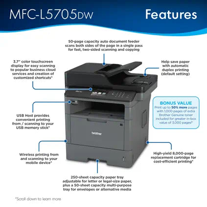 MFCL5705DW - Business Monochrome Laser All-in-One Printer with Duplex Print, Scan and Copy and Wireless Networking