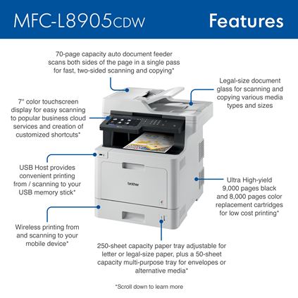 MFCL8905CDW - Business Color Laser All-in-One Printer with Low-cost Printing, Duplex Print, Scan, Copy and Wireless Networking