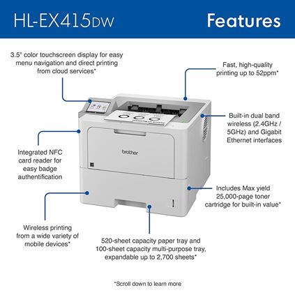 HL-EX415DW-SW - Enterprise Monochrome Laser Printer with Low Total Cost of Ownership, Advanced Security, and Large Paper Capacity