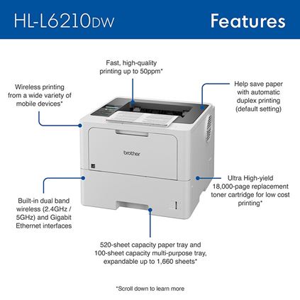 HLL6210DW - Business Monochrome Laser Printer with Large Paper Capacity, Wireless Networking, and Duplex Printing