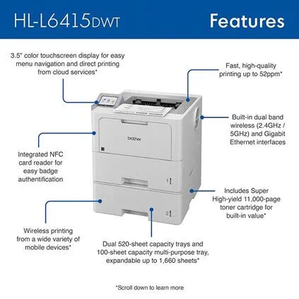 HLL6415DWT - Enterprise Monochrome Laser Printer with Dual Paper Trays, Low Total Cost of Ownership, and Advanced Security