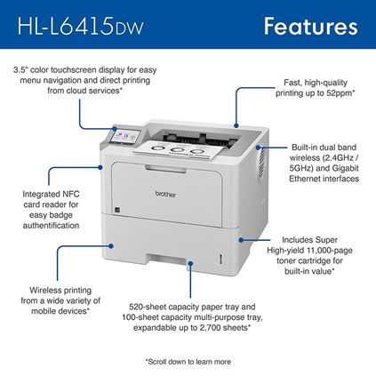 HLL6415DW - Enterprise Monochrome Laser Printer with Low Total Cost of Ownership, Advanced Security, and Large Paper Capacity