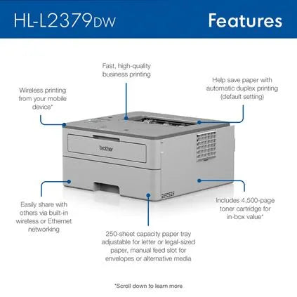 HLL2379DW - Compact, Monochrome Laser Printer with Ethernet and Wireless Networking