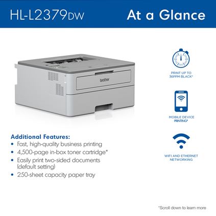 HLL2379DW - Compact, Monochrome Laser Printer with Ethernet and Wireless Networking