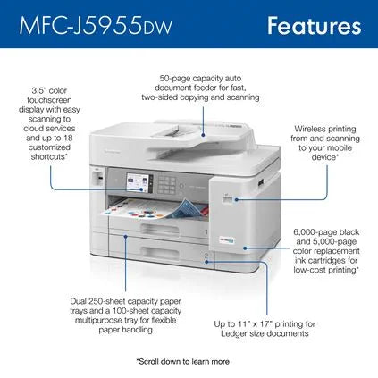 MFCJ5955DW - Business Color Inkjet All-in-One Printer with Low-Cost, Up to 11” x 17” Printing, Wireless and Ethernet Networking, Duplex Print, Scan, and Copy