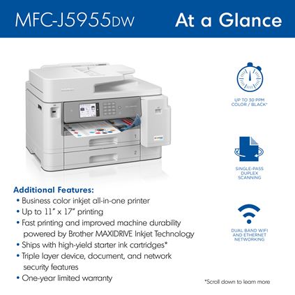 MFCJ5955DW - Business Color Inkjet All-in-One Printer with Low-Cost, Up to 11” x 17” Printing, Wireless and Ethernet Networking, Duplex Print, Scan, and Copy