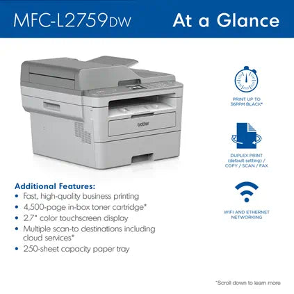 MFCL2759DW - Compact Monochrome Laser All-in-One Printer with Duplex Scan / Copy and Wireless Networking