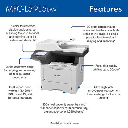 MFCL5915DW - Business Monochrome Laser All-in-One Printer with Low-cost Printing, Wireless Networking and Duplex Print, Scan, and Copy