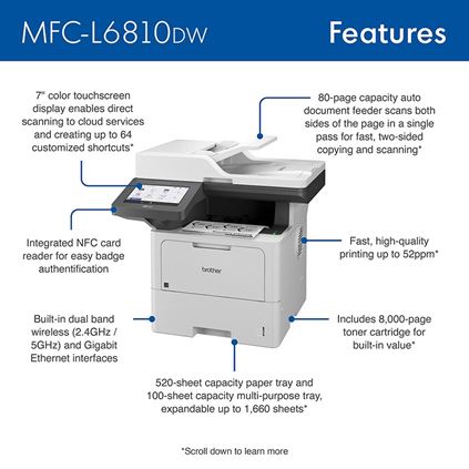 MFCL6810DW - Enterprise Monochrome Laser All-in-One Printer with Low-cost Printing, Large Paper Capacity, Wireless Networking, Advanced Security Features, and Duplex Print, Scan, and Copy