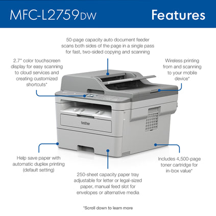 MFCL2759DW - Compact Monochrome Laser All-in-One Printer with Duplex Scan / Copy and Wireless Networking